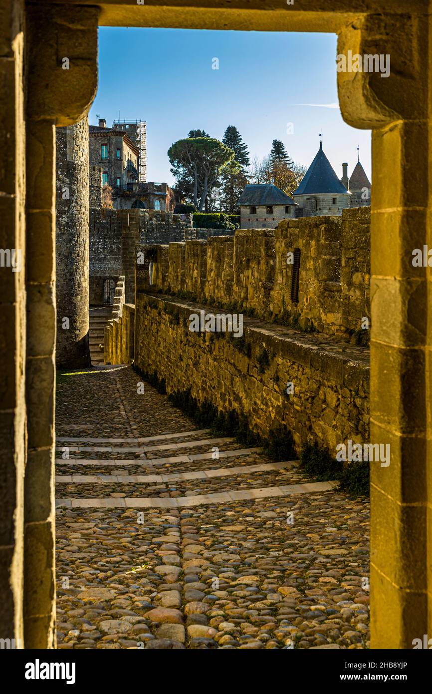 Medieval fortress located on a hill of the old town, called Cité of Carcassonne. Carcassonne, France Stock Photo