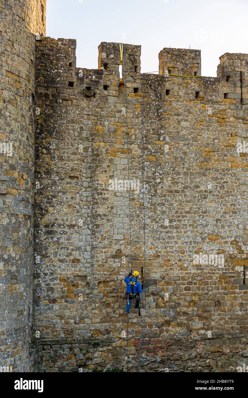 Facade climber inspects the old city wall of Carcassonne, France Stock Photo