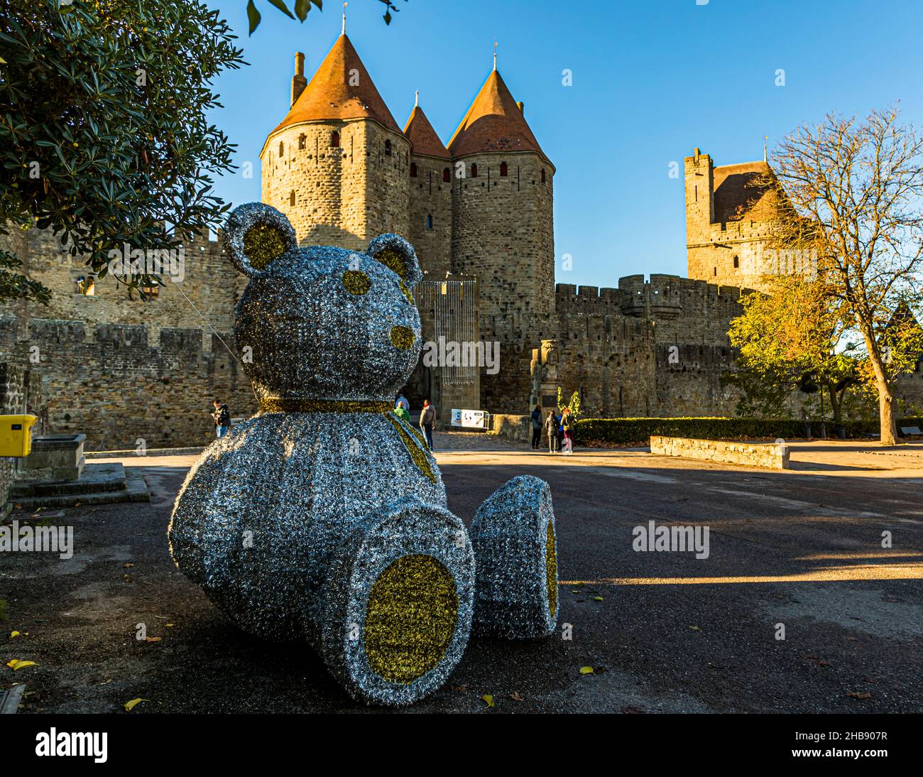 Christmas Decoration in front of the Medieval fortress, called Cité of Carcassonne. Carcassonne, France Stock Photo