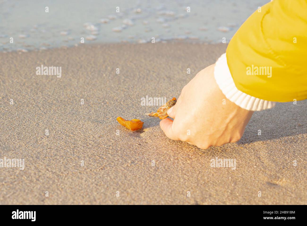 Amber on fine sand. The hand takes a piece of stone resin. A hand picks up a beautiful piece of amber from the sand Stock Photo