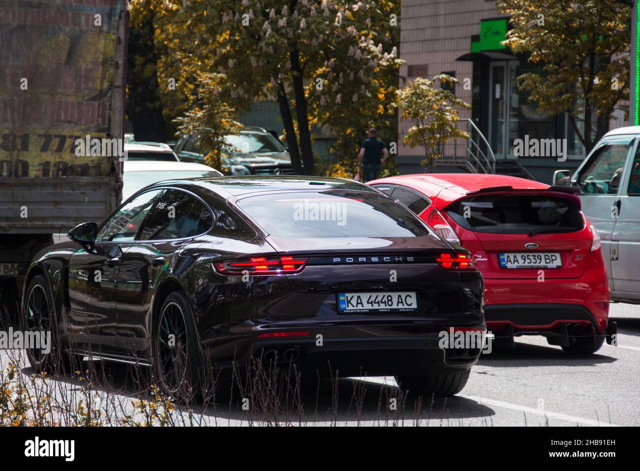 Kiev, Ukraine - May 22, 2021: Sports German car Porsche Panamera on the road Stock Photo