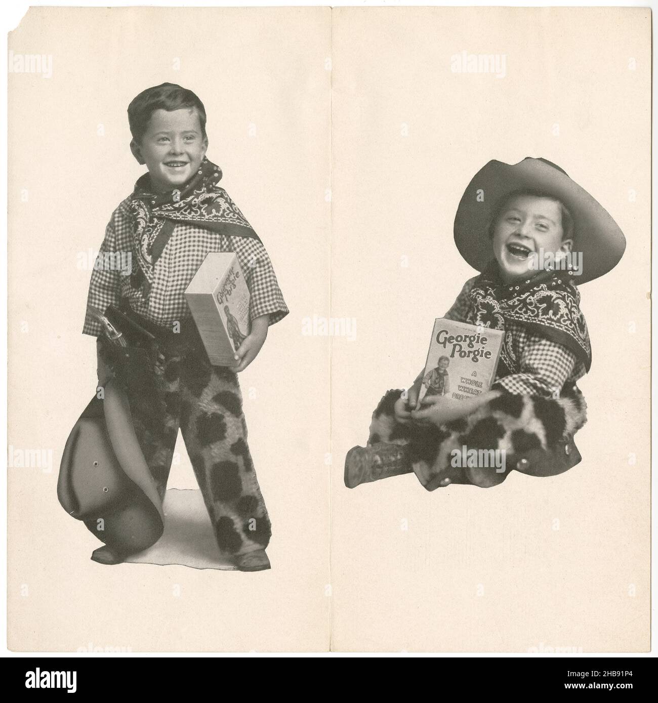 Antique 1930s flyer featuring the Georgie Porgie child cowboy mascot. Stock Photo
