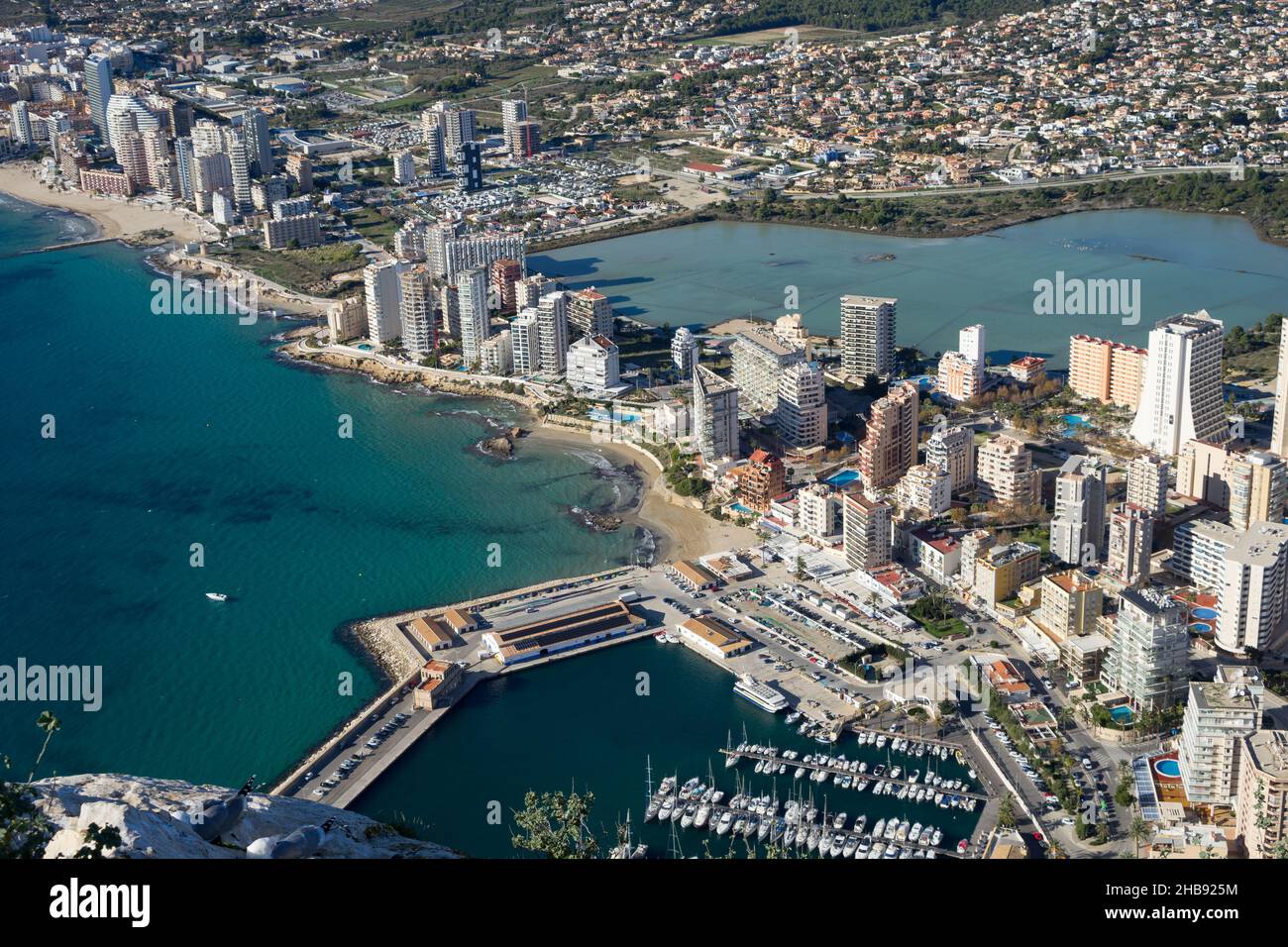 aerial view of urban architecture and the marina of Calpe beautiful travel destination on the Mediterranean coast in Spain Stock Photo