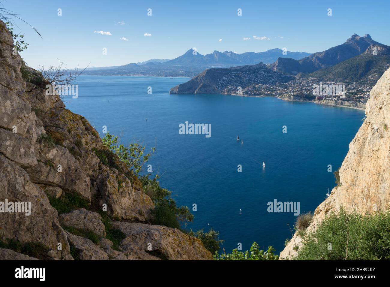 beautiful view of the blue Mediterranean sea and mountains near the coast in Calpe Stock Photo