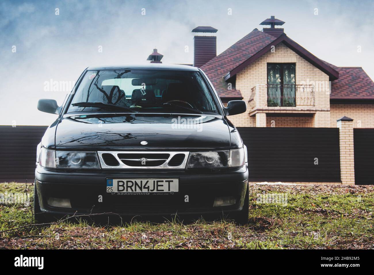Chernihiv, Ukraine - March 20, 2021: Old Swedish car Saab 900 Turbo on the background of the house Stock Photo