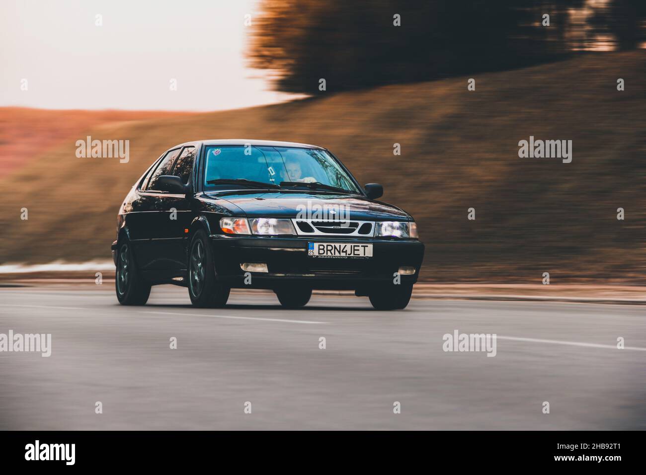 Chernigov, Ukraine - March 20, 2021: Old Swedish car Saab 900 Turbo on the road. Car in motion Stock Photo