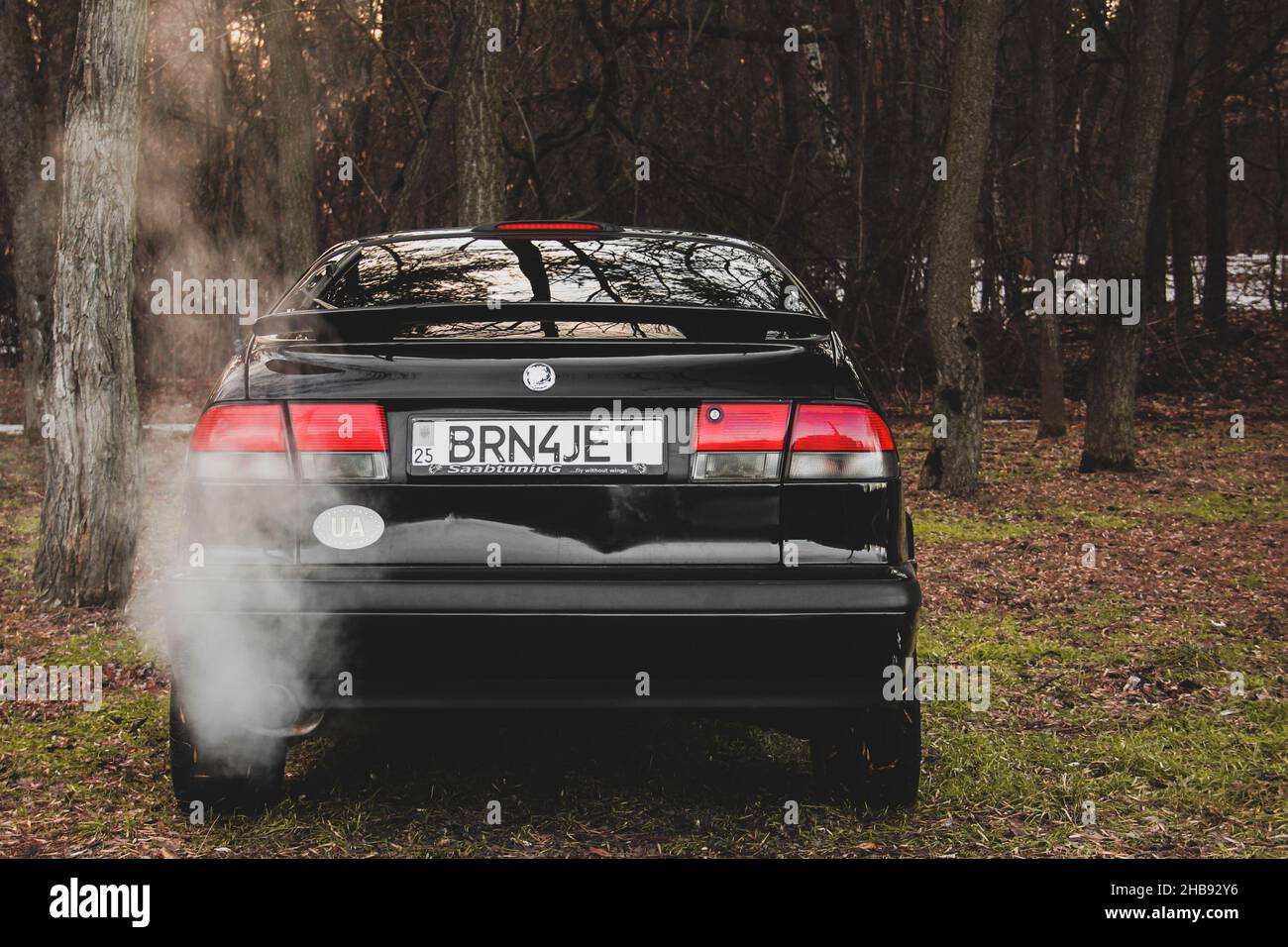 Chernihiv, Ukraine - March 20, 2021: Old Swedish car Saab 900 Turbo in the forest Stock Photo