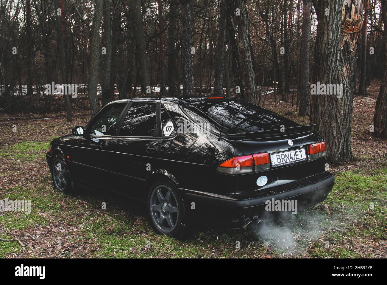 Chernihiv, Ukraine - March 20, 2021: Old Swedish car Saab 900 Turbo in the forest Stock Photo