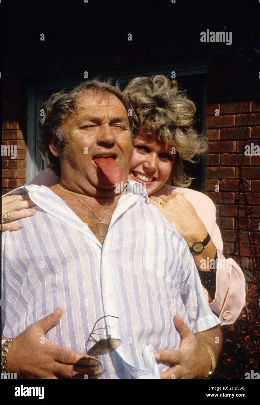 British comedian Les Dawson leaving hospital in Blackpool with his fiancee Tracy Roper in September 1988 Stock Photo