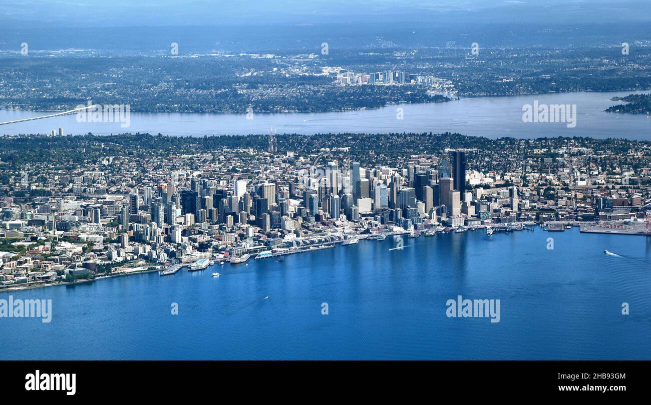 Aerial View of Downtown Seattle looking East. Stock Photo