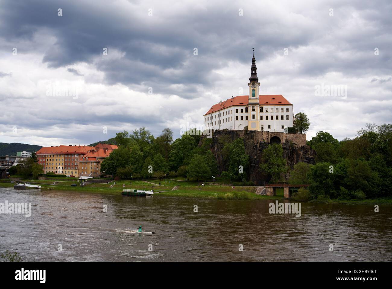 DECIN, CZECH REPUBLIC - MAY 22, 2021: Castle and the Elbe river Stock Photo