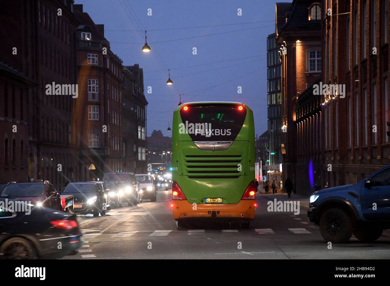 Copenhagen/Denmark./17 December 2021/ Green colour flixbus departure ...