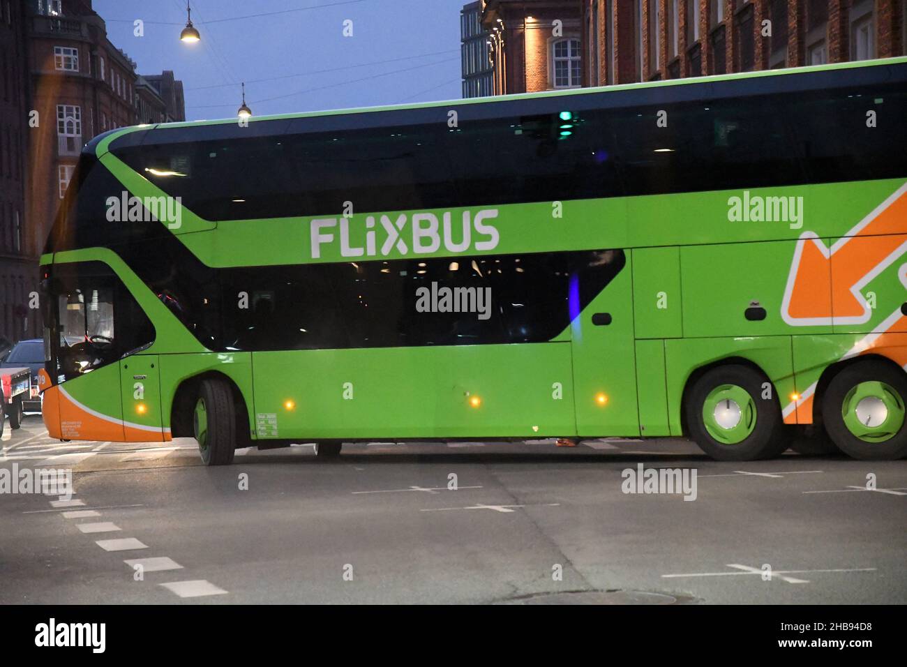 Copenhagen/Denmark./17 December 2021/ Green colour flixbus departure ...