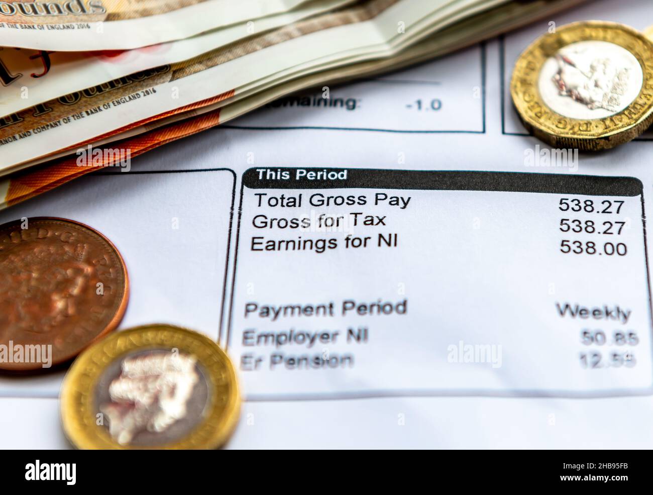 A payslip showing pay as you earn tax deductions, national insurance and pension contributions with some bank notes and coins. Stock Photo
