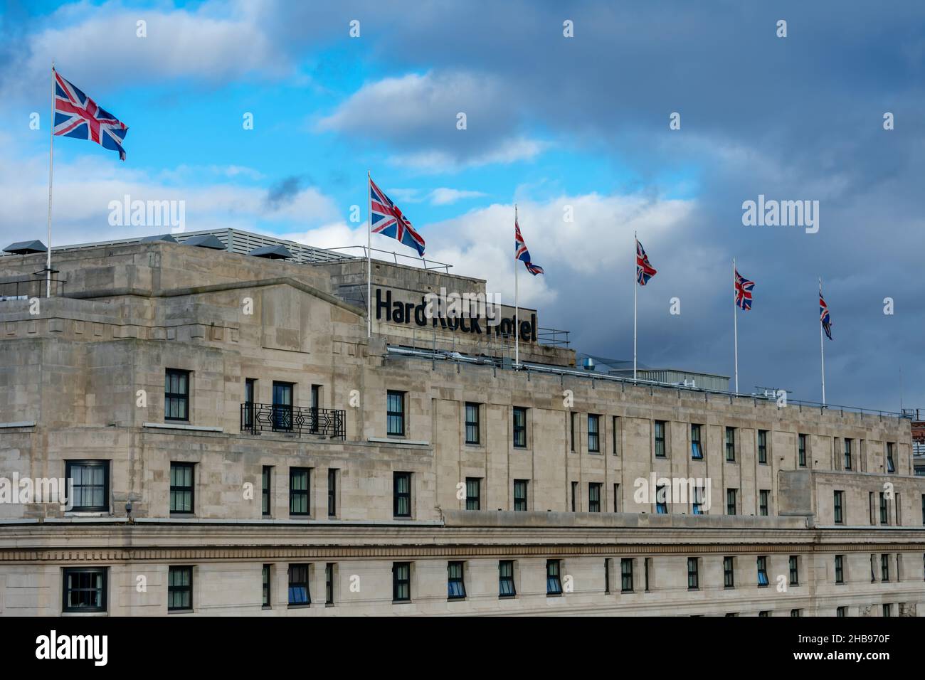 London. UK- 12.01.2021. The Hard Rock Hotel on Oxford Street with Union Jacks flying on the top of the building. Stock Photo