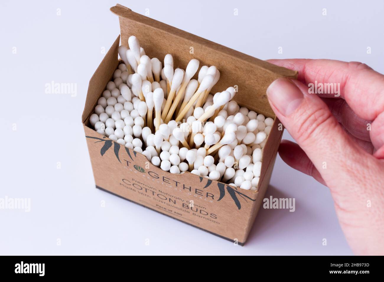 Opened box of eco friendly bamboo cotton buds swabs Stock Photo
