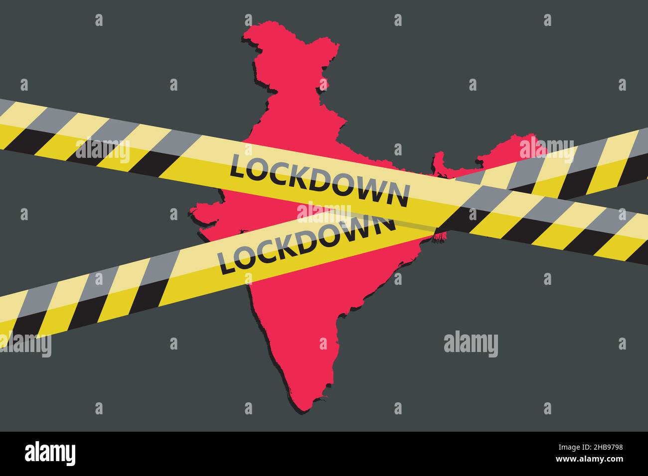 lockdown tape over India indian state silhouette. Coronavirus threat. Concept image. Vector illustration Stock Vector