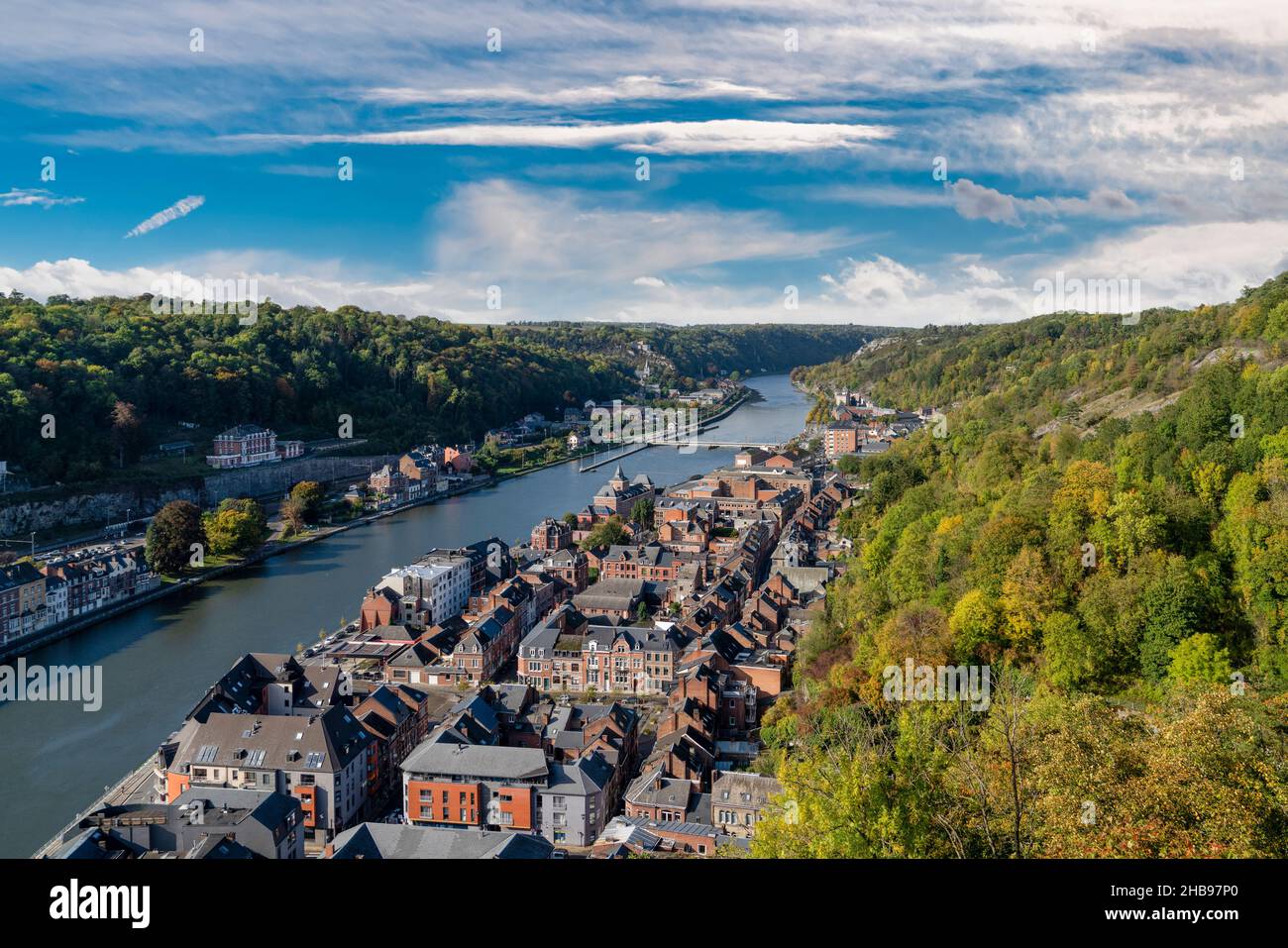 Aerial view of Dinant houses with Meuse River, Dinant, Belgium. Stock Photo