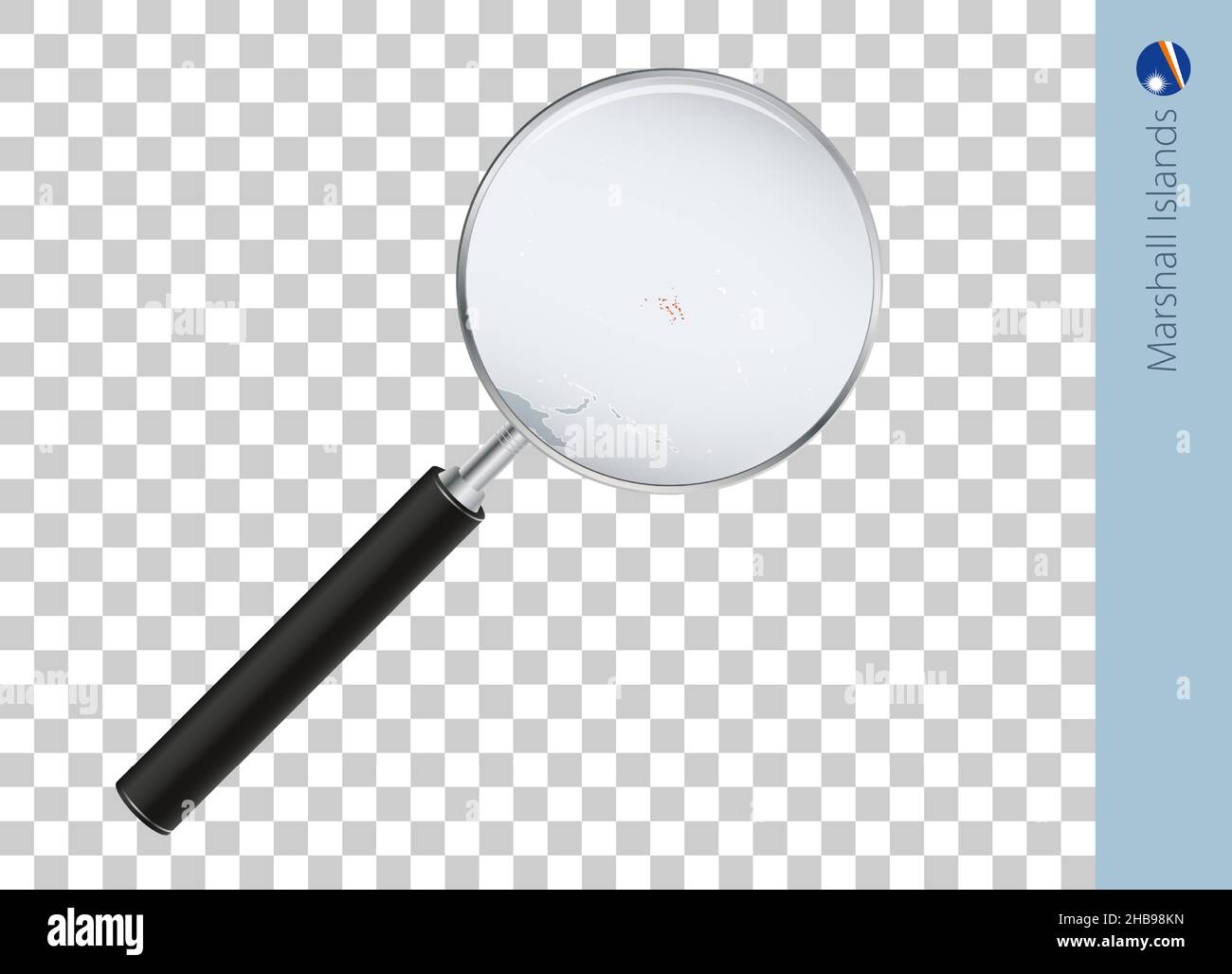 Marshall Islands map with flag in magnifying glass on transparent background. Vector loupe with map. Stock Vector