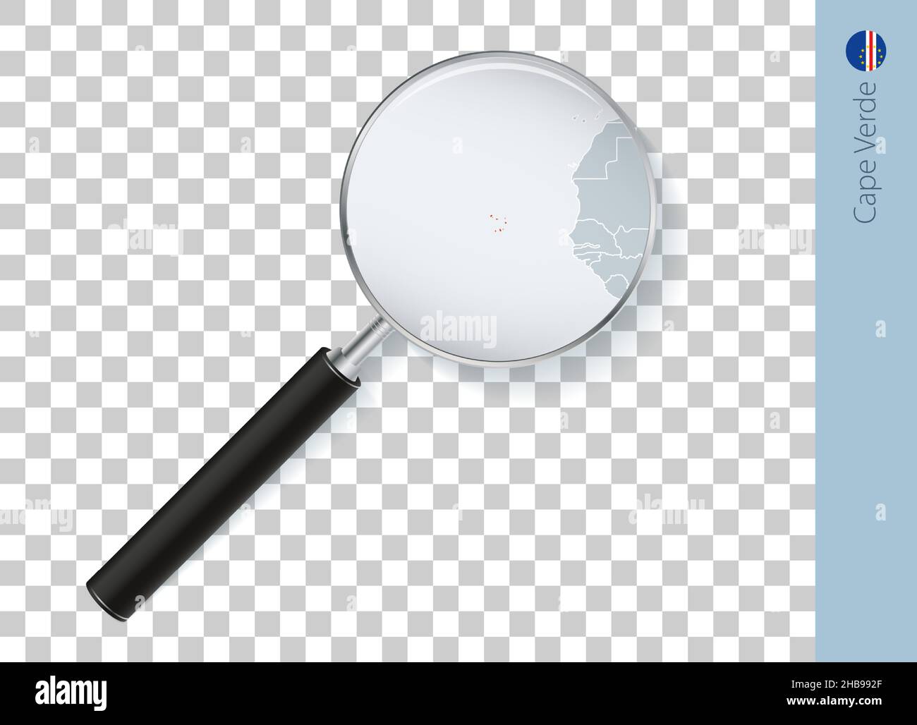Cape Verde map with flag in magnifying glass on transparent background. Vector loupe with map. Stock Vector