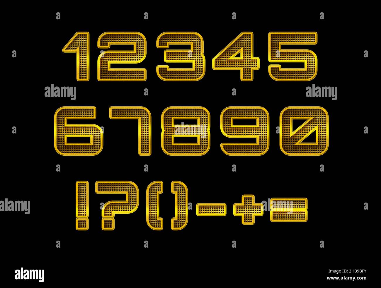 Perforated golden metal set of numbers (1234567890), yellow metal numbers, isolated over the black background Stock Photo