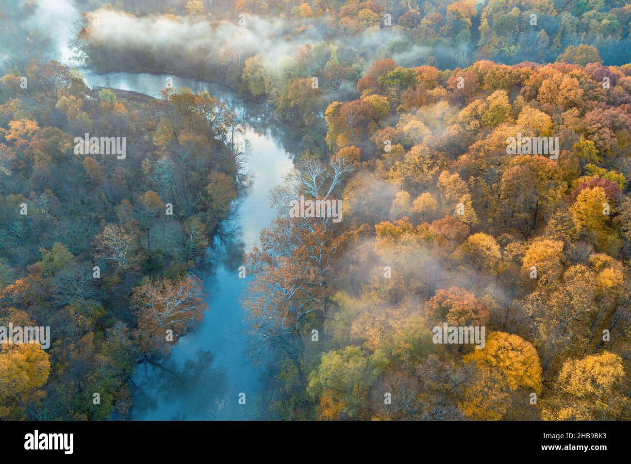 Aerial view of fall color and Jordan Creek in North Fork Nature Preserve in Vermillion County. Stock Photo