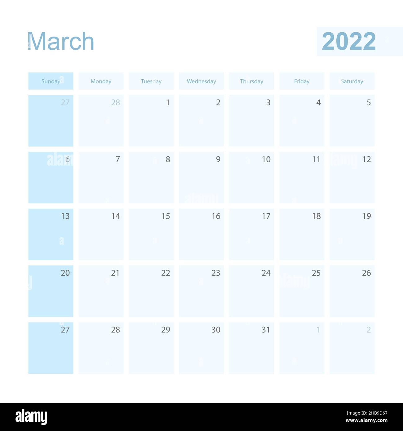 2022 March wall planner in blue color, week starts on Sunday. Calendar for March  2022 with day of previous and next month Stock Vector Image & Art - Alamy