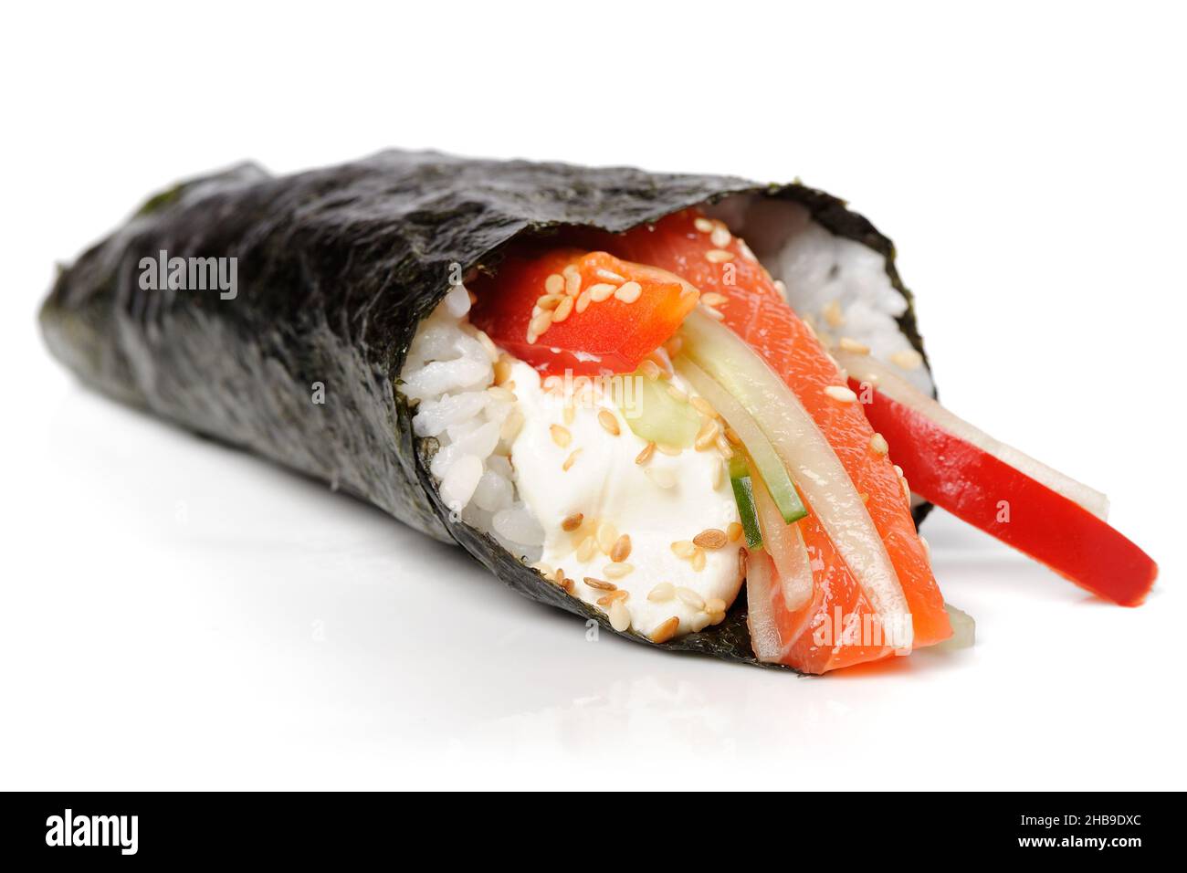 Japan temaki sushi in nori with rice, salmon, cream cheese, bell pepper ...