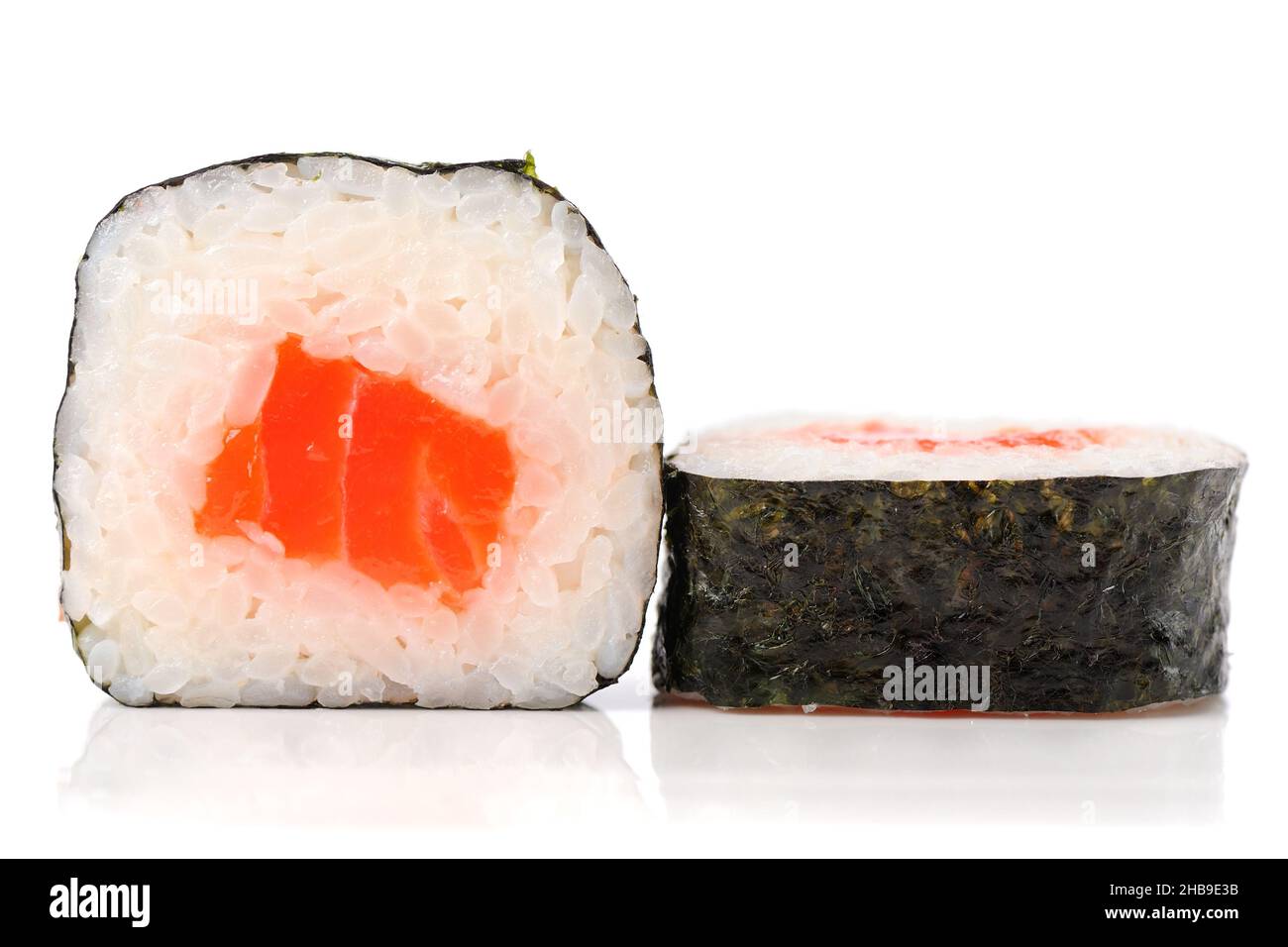 Simple japanese rolls with salmon, rice and nori isolated closeup Stock