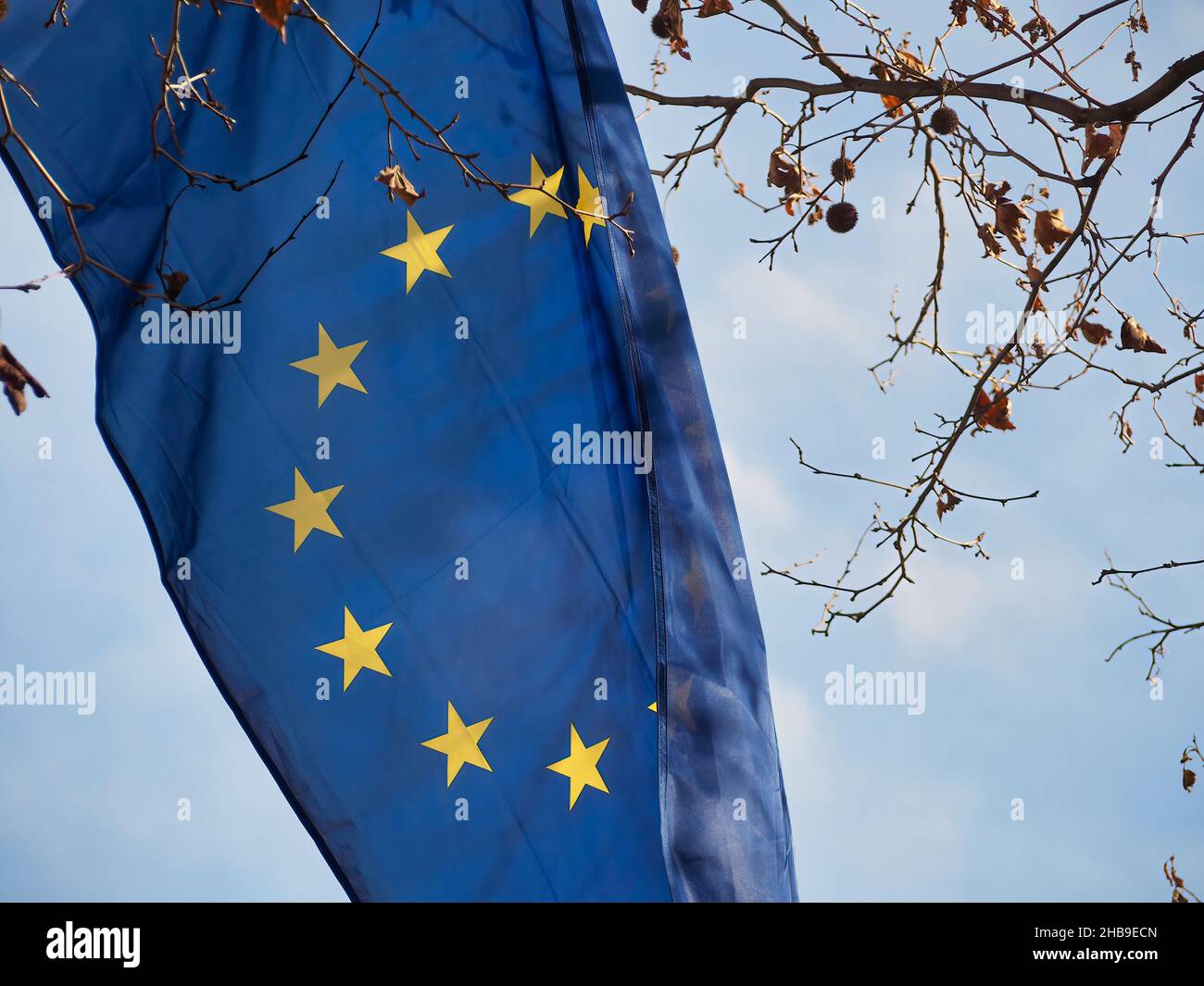 EU flag waving in the air Stock Photo