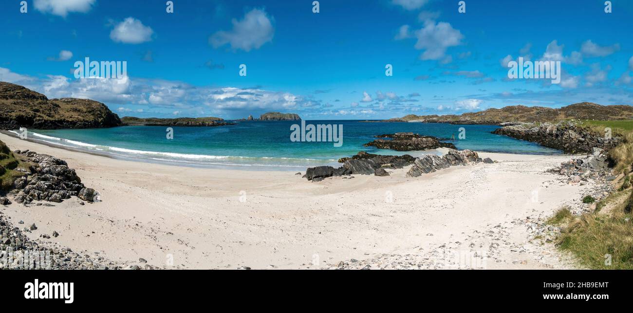 A panoramic view of the remote, beautiful Bosta Beach (Camas Bostadh), Great Bernera (Bearnaraigh), Isle of Lewis in the Outer Hebrides, Scotland, UK Stock Photo