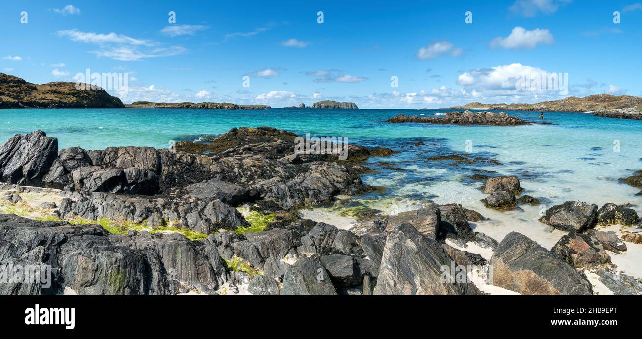 A panoramic view of the remote, beautiful Bosta Beach (Camas Bostadh), Great Bernera (Bearnaraigh), Isle of Lewis in the Outer Hebrides, Scotland, UK Stock Photo