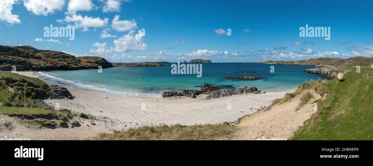 A panoramic view of the remote, beautiful Bosta Beach (Camas Bostadh), Great Bernera (Bearnaraigh), Isle of Lewis in the Outer Hebrides, Scotland, UK Stock Photo