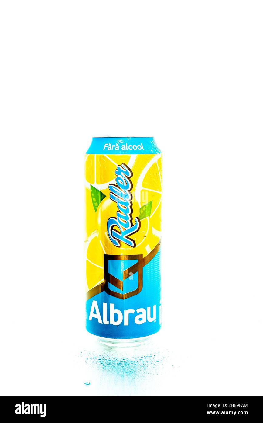 Albrau Beer from Romanian local brewery isolated. Detail photo of beer can in Bucharest, Romania, 2021 Stock Photo