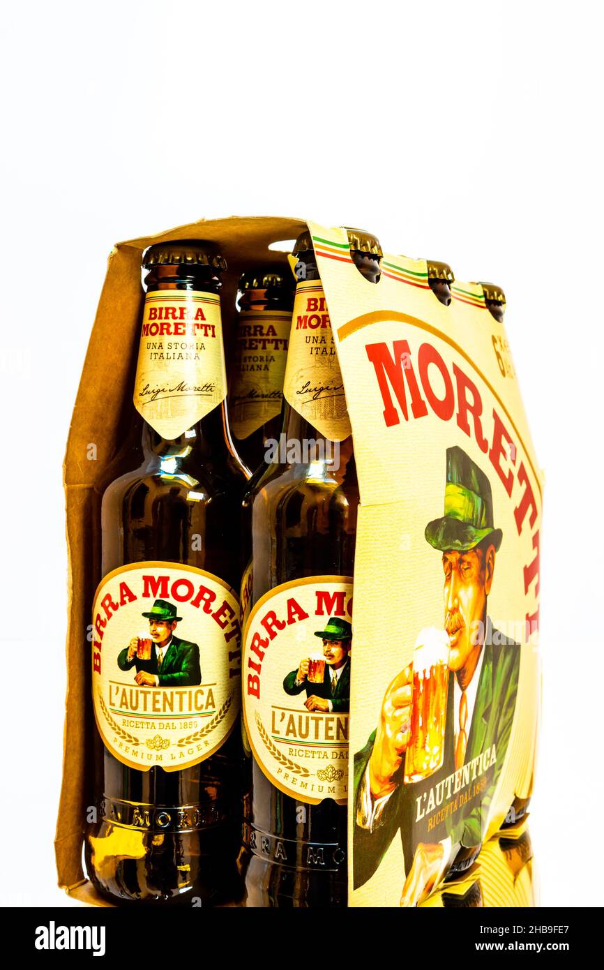 6 pack of Birra Moretti beer. Illustrative editorial photo Bucharest, Romania, 2021 Stock Photo