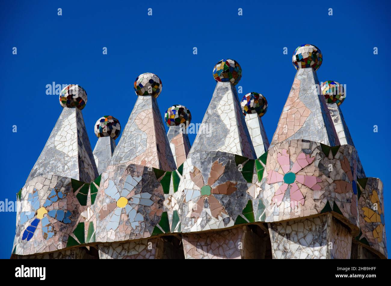 Mosaic chimney stacks on roof of Casa Batllo, Barcelona, Spain Stock Photo