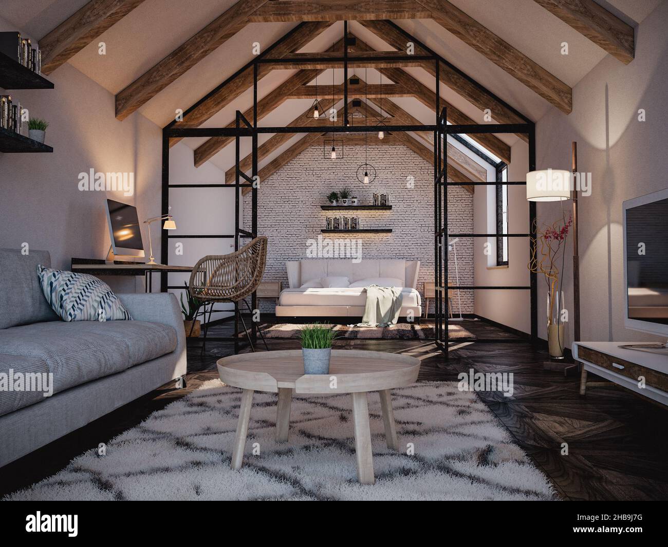 3D rendering of small attic apartment, with wooden beams, white brick ...