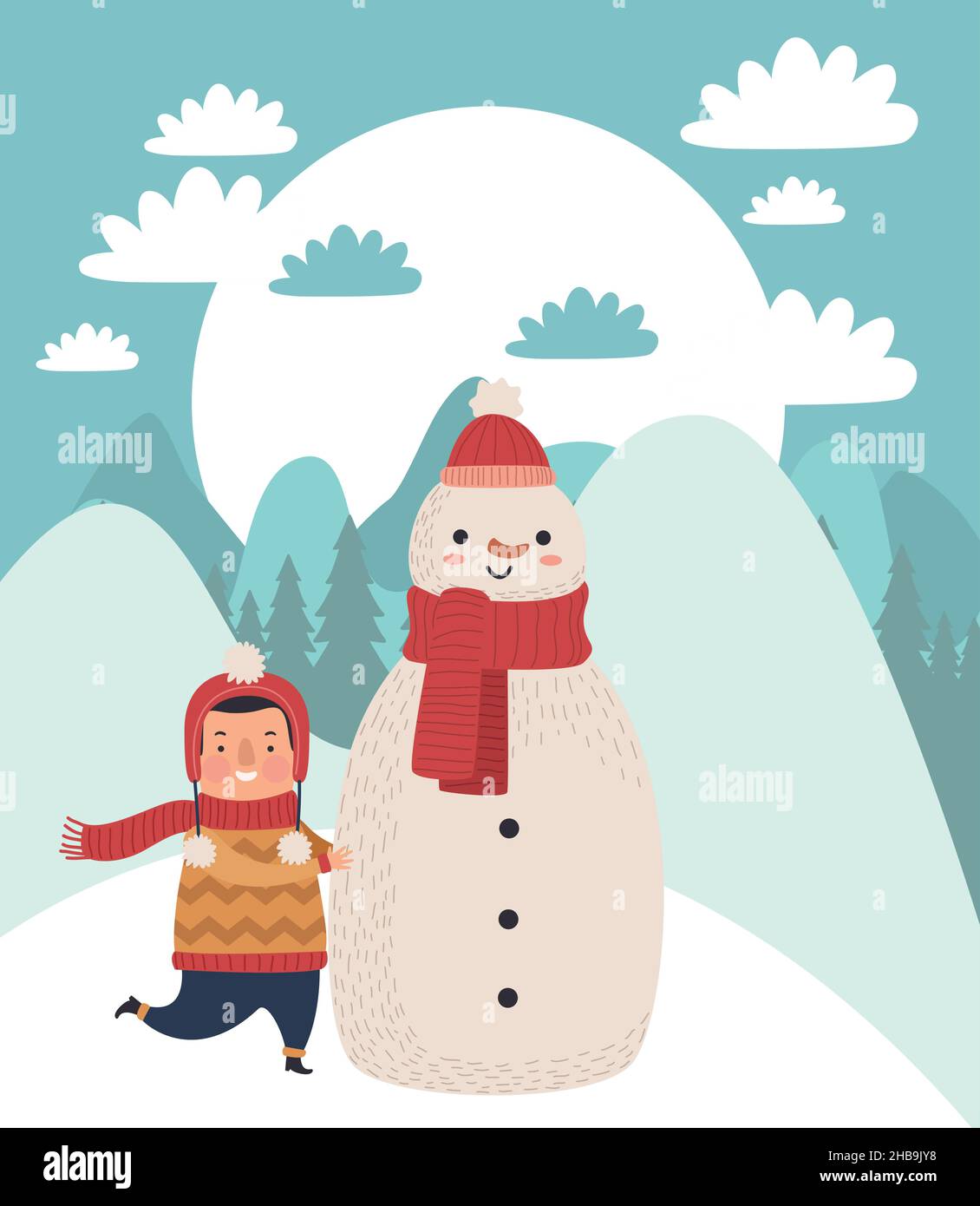 boy and snowman characters Stock Vector