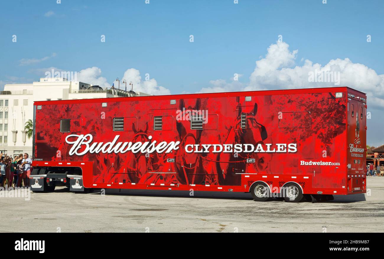 Budweiser Brewery Clydesdale transport truck, horses painted on sides, large red vehicle, travel, promotional, bright color Stock Photo