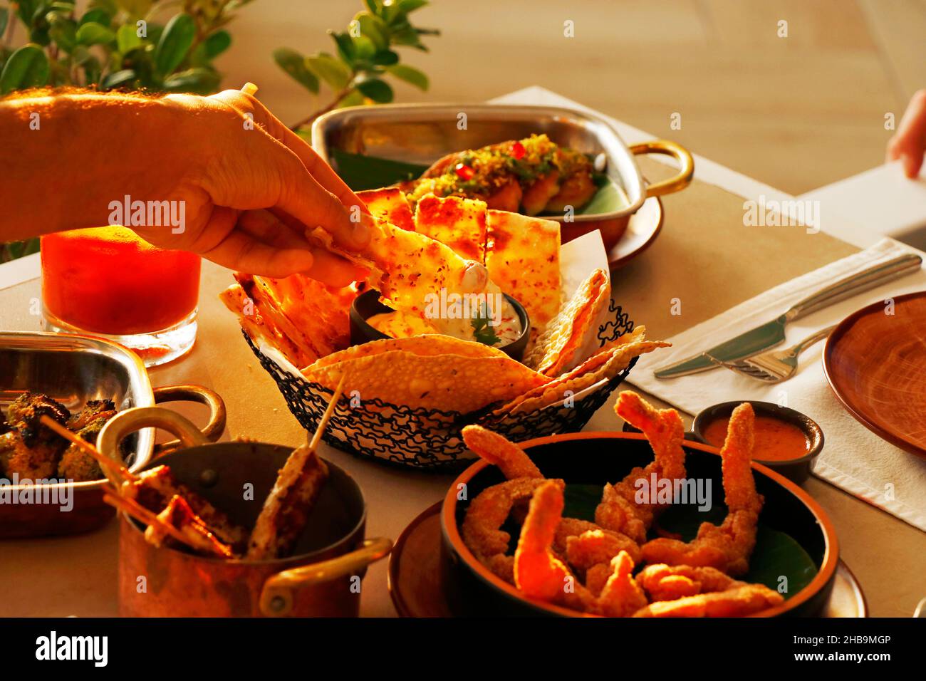 assorted indian snacks on a restaurant table, food concept Stock Photo