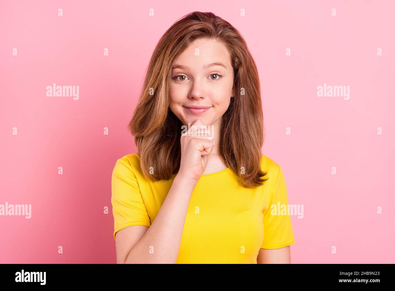Photo of young attractive girl happy positive smile hand touch chin ...