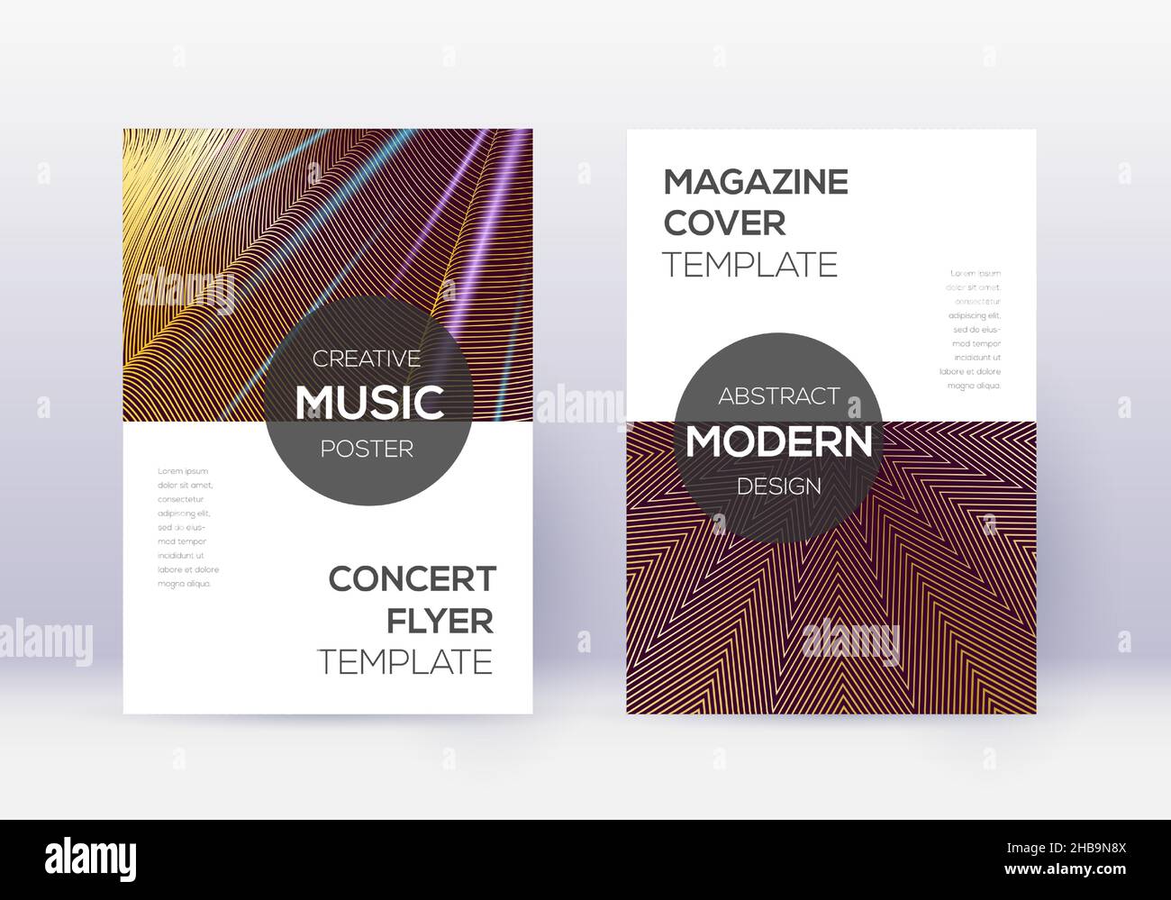 Modern cover design template set. Gold abstract lines on maroon