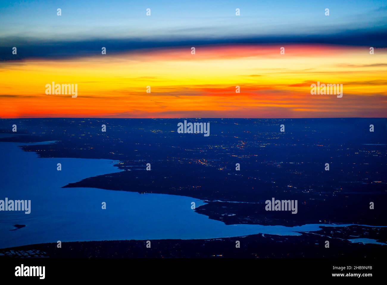 Beautiful colorful sunset and aerial view of the Long Island Sound in
