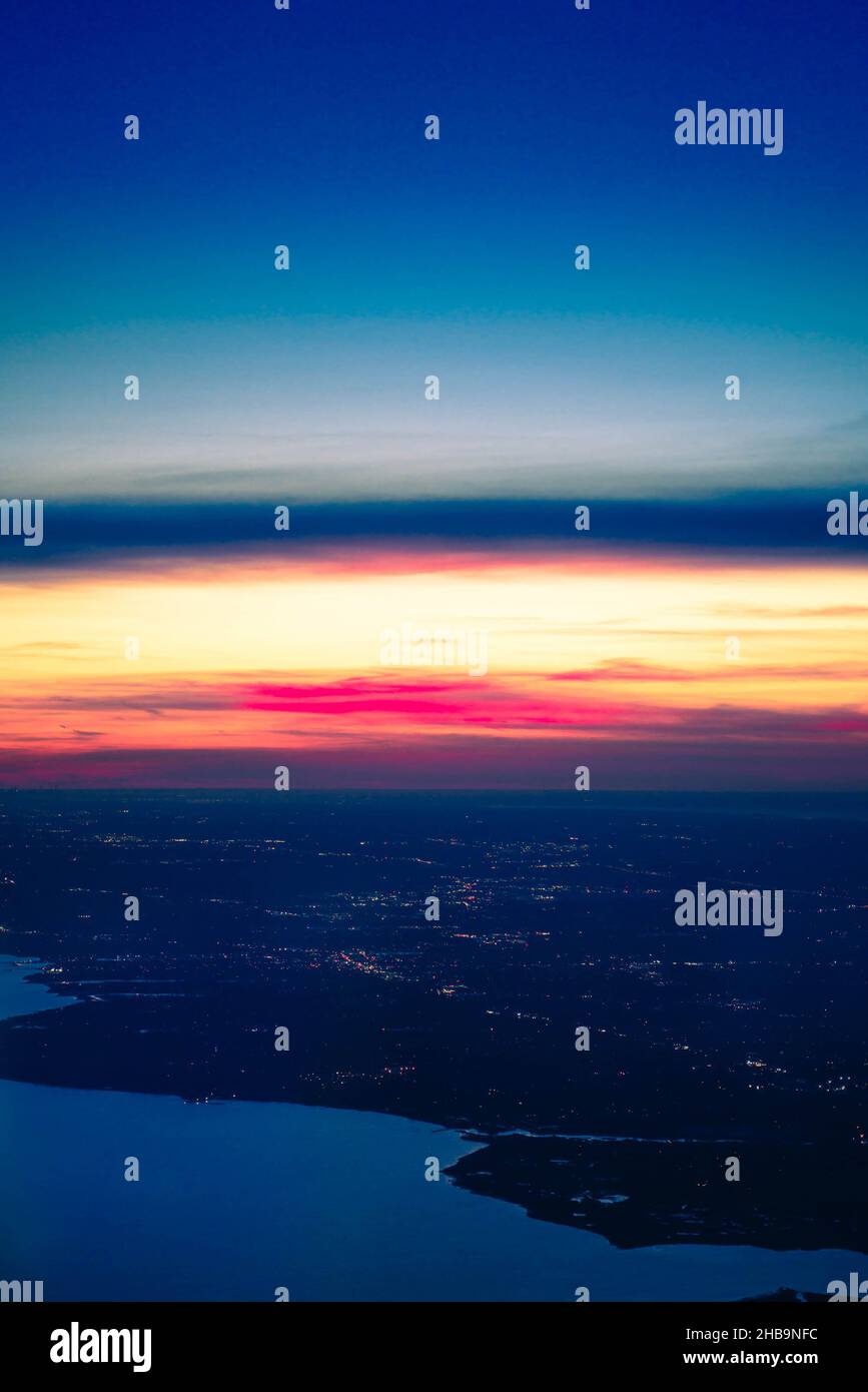 Beautiful colorful sunset and aerial view of the Long Island Sound in