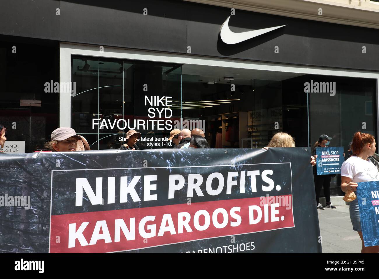 Sydney, Australia. 18th December 2021. The Animal Justice Party held a  protest outside the Nike store at 319 George Street to raise public  awareness about the slaughter of kangaroos for Nike's shoes