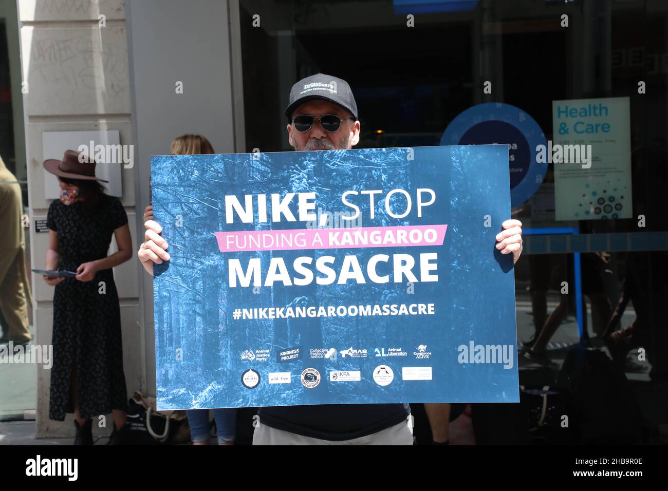 Sydney, Australia. December 2021. The Animal Justice Party held a protest outside the Nike store 319 Street to raise public awareness the slaughter of kangaroos for Nike's shoes