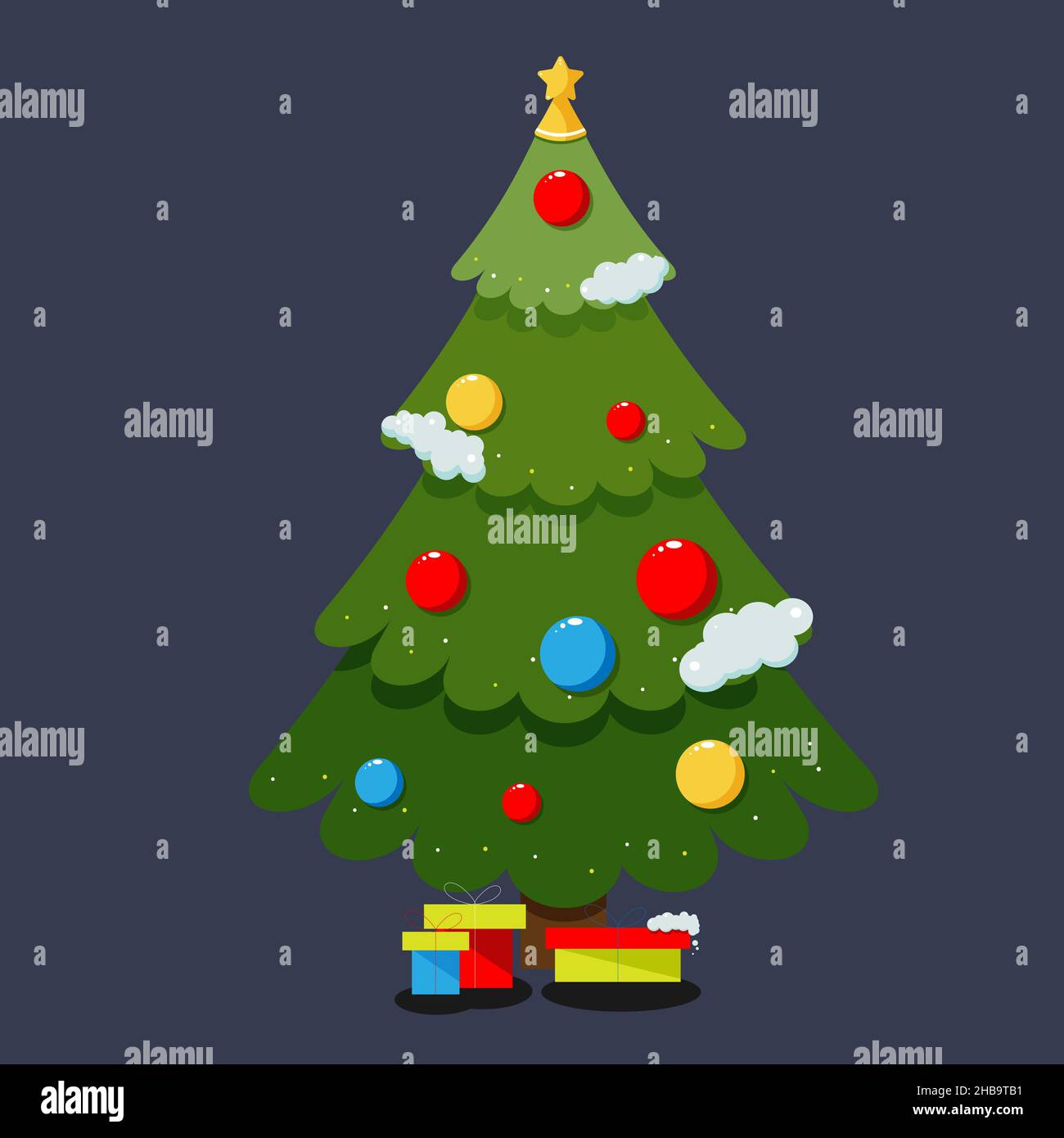 Christmas tree. Evergreen tree with decorations and gifts. Christmas and New Year celebration concept. Cartoon style, colorful drawing. Stock Photo