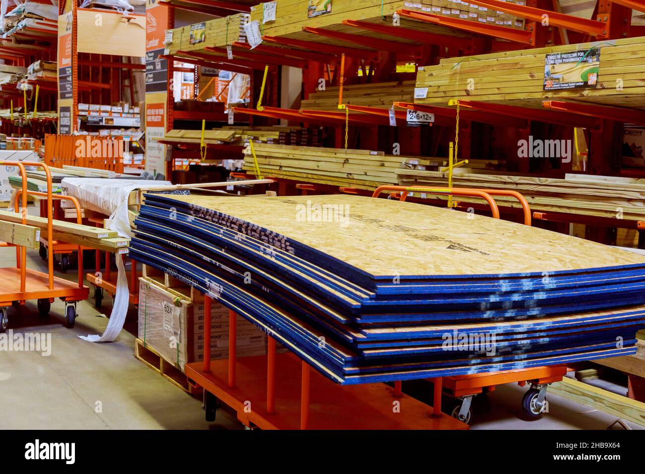 Lumber improvement store composite board inside Home Depot Stock Photo