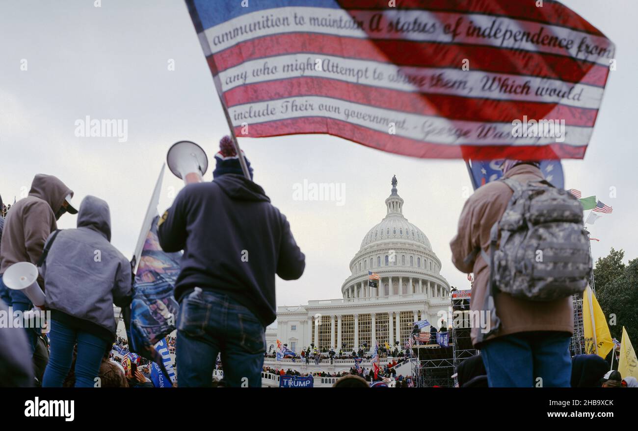 January 6.2021, Large crowds of President Trump supporters descending on US Capitol Building after Save America March. Capitol Hill, Washington DC USA Stock Photo