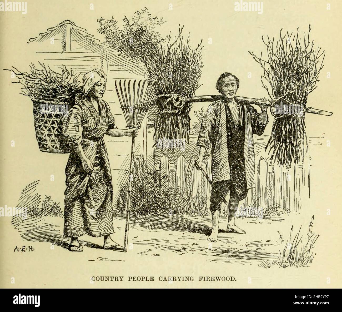 Illustration of country people carrying firewood from the book 'Rambles